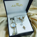 COMBO RELOJ LUXUR DORADO + ACCESORIOS + ESTUCHE DAMA